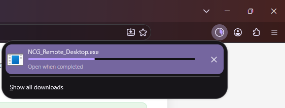 Firefox downloads box showing NCG_Remote_Assistance_Setup.exe